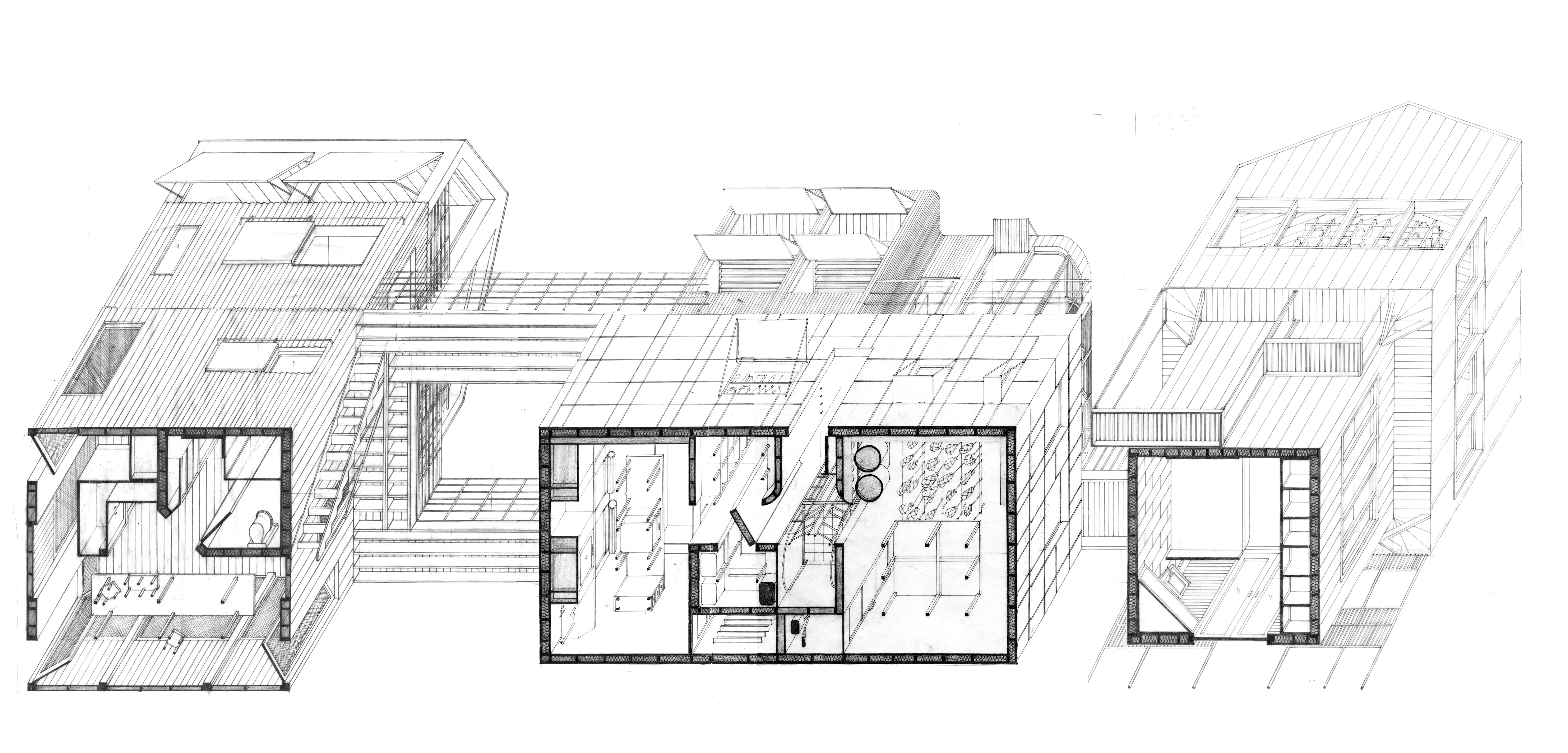 Large black and white pencil drawing of a complex of 2 storey spaces connected by elevated walkways. Drawn in a worm’s eye axonometric looking up.