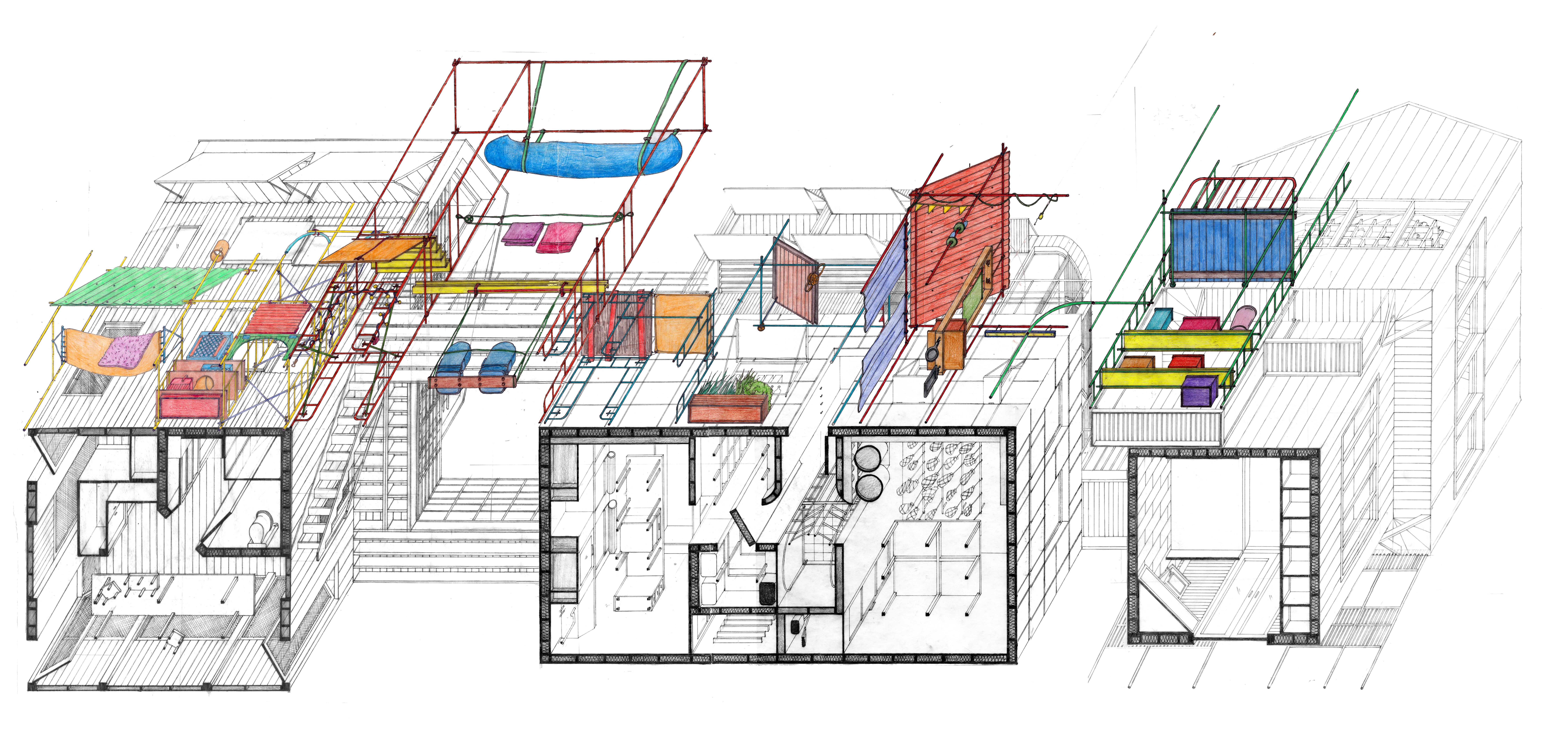 Colourful images of scaffolding and DIY structures scabbed onto the original black and white drawing of a complex of spaces.