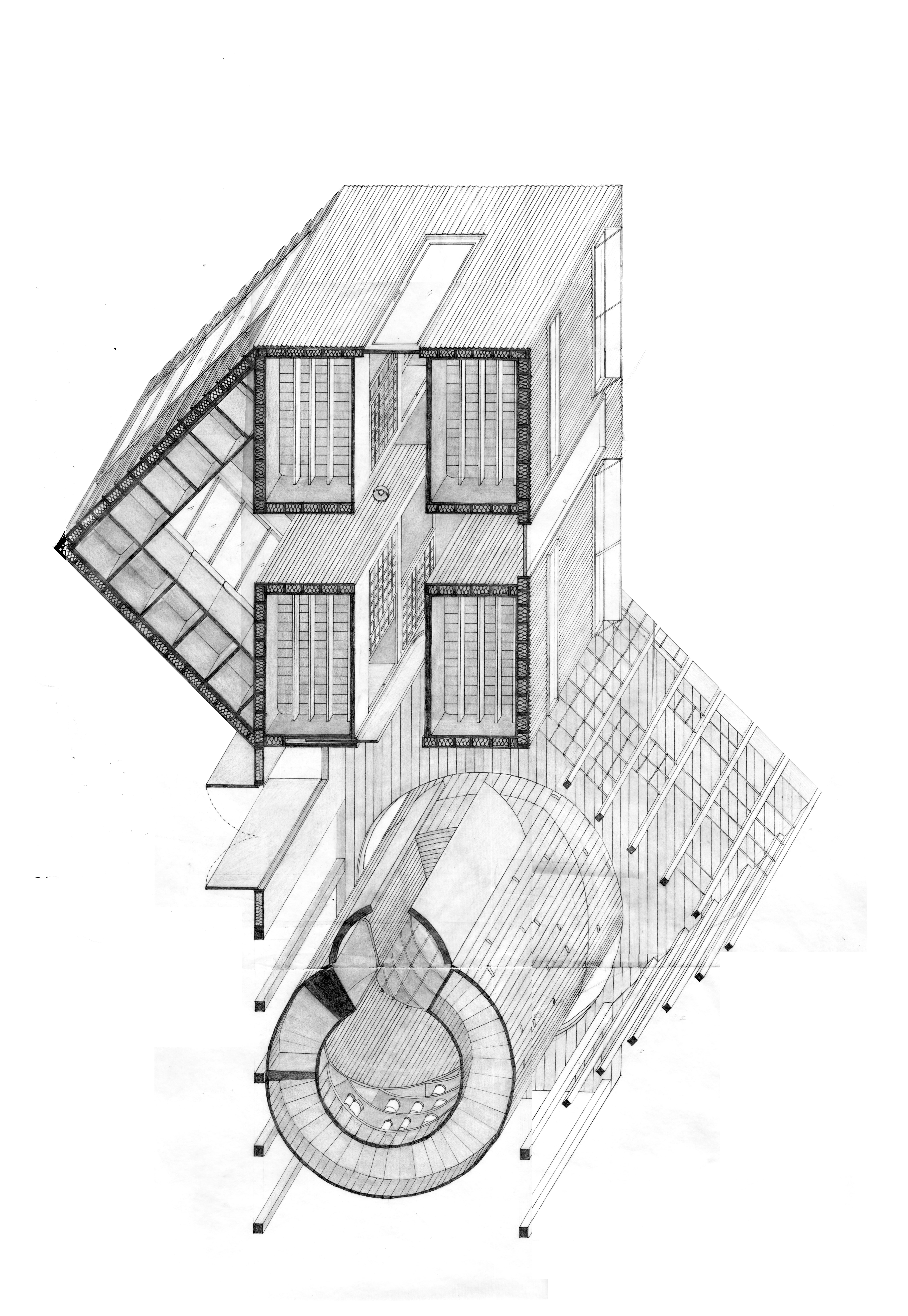A shaded with graphite black and white illustration of a large space filled with different types of sleeping spaces from bunks to hammocks to beds.