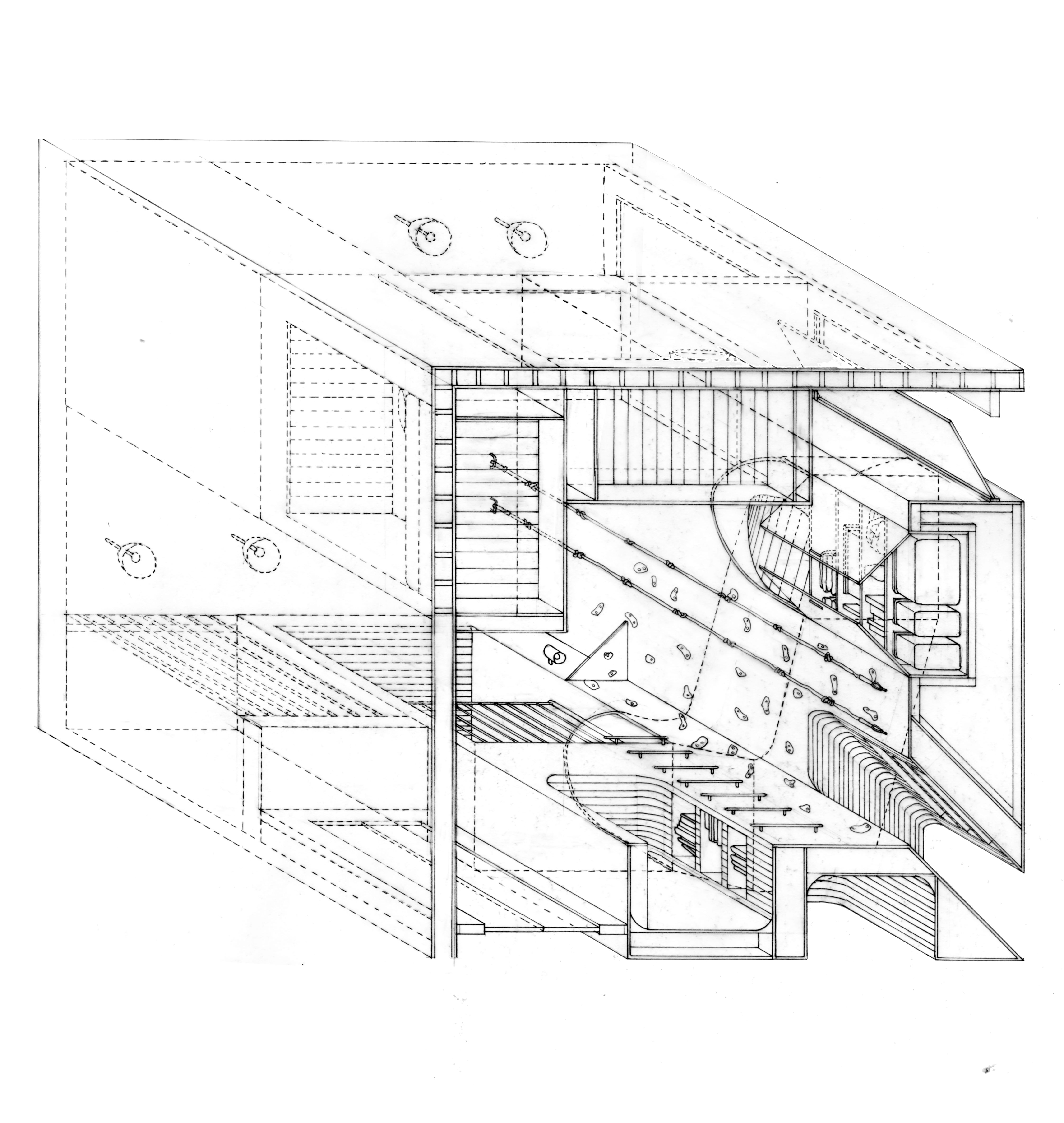 A wire frame architectural drawing with solid black lines showing a playful sensory bedroom, dashed lines overlaid on the drawing showing objects, items, and spaces behind.