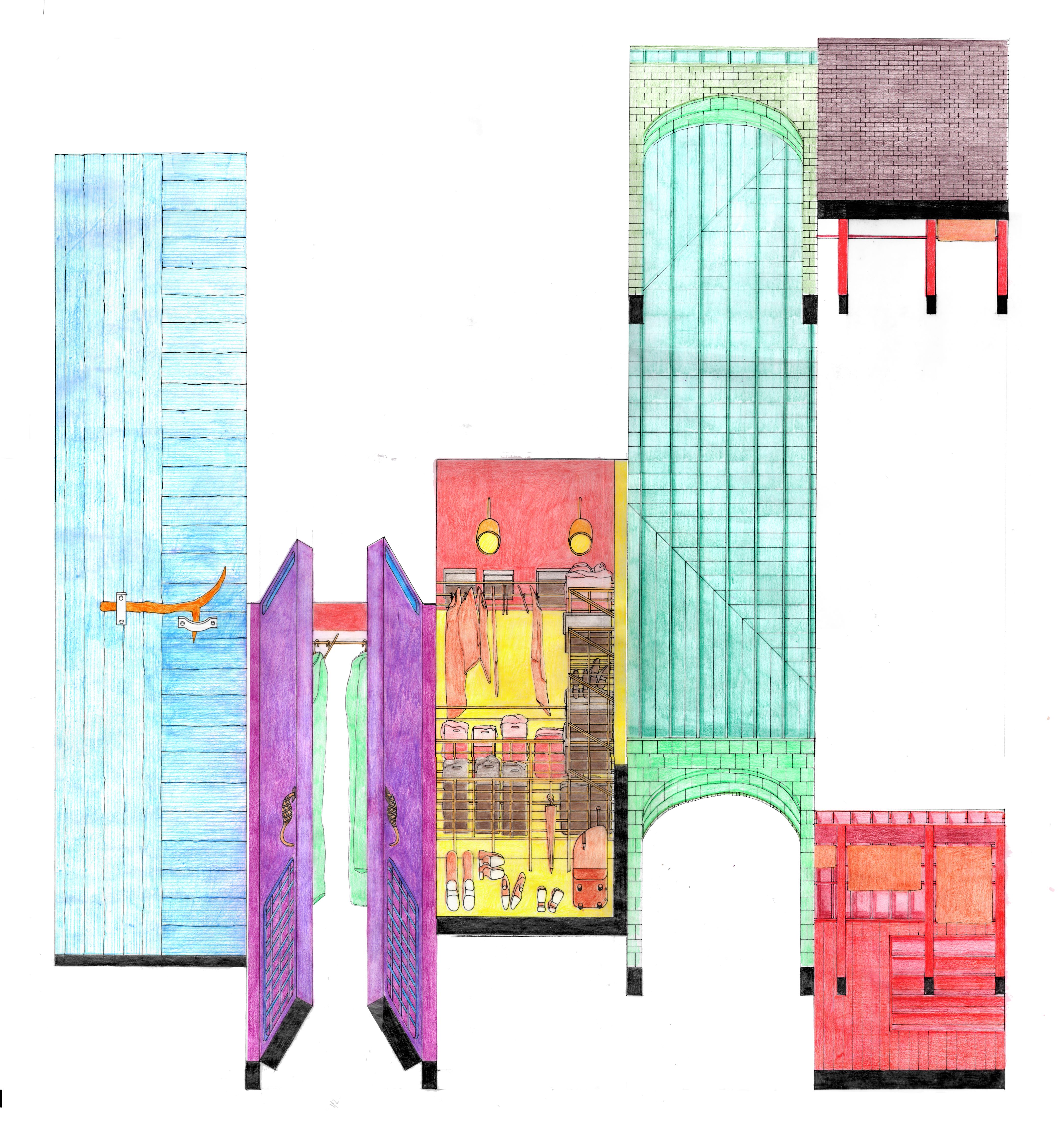 From left to right there are 5 drawings, getting bigger and bigger in size - from a closet to a cloister. This colourful drawing was created with pencil crayon and pen on trace.